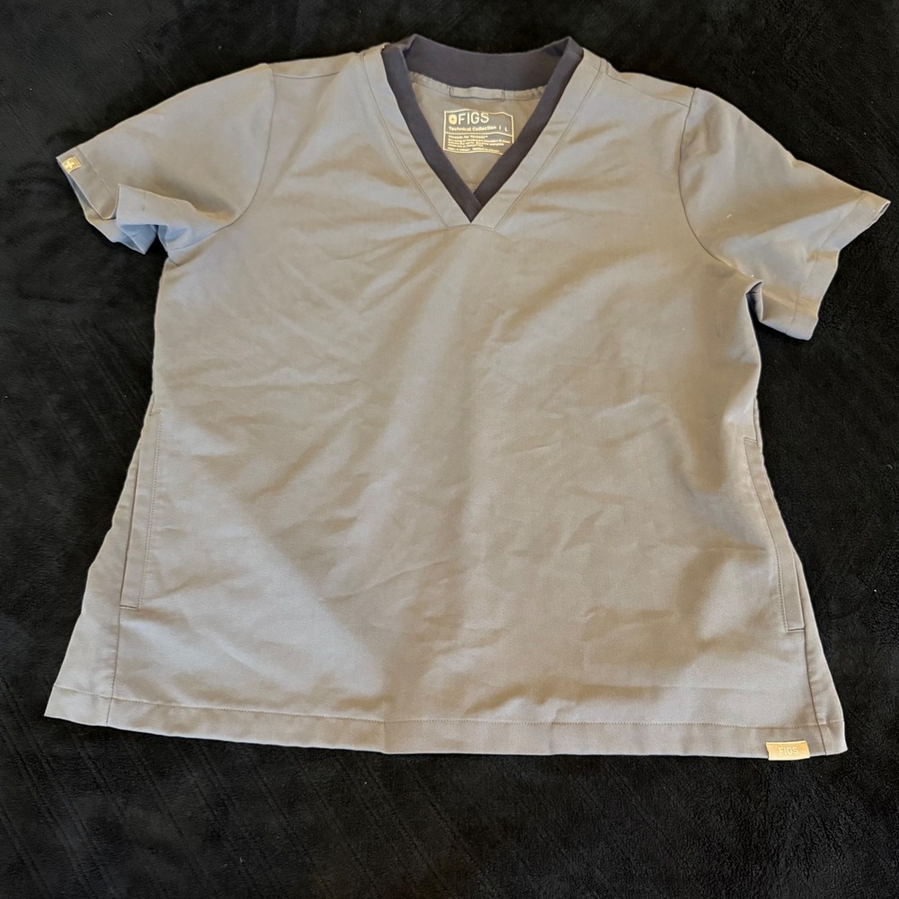 FIGS Technical Collection Womens Scrub Top Grey Navy‎ V-Neck Short Sleeve Large